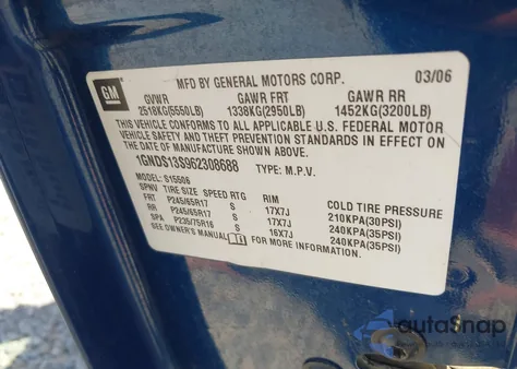 2006 Chevrolet Trailblazer Lt from USA, damaged, VIN 1GNDS13S962308688